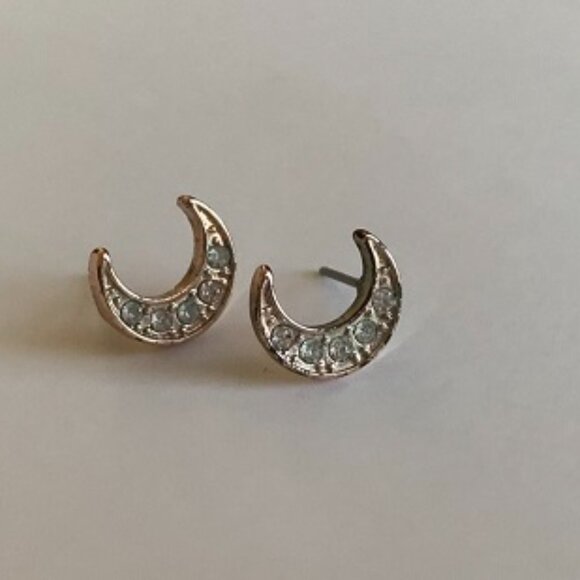 Gold Rhinestone Crescent Moon Stud Earrings - Picture 5 of 5